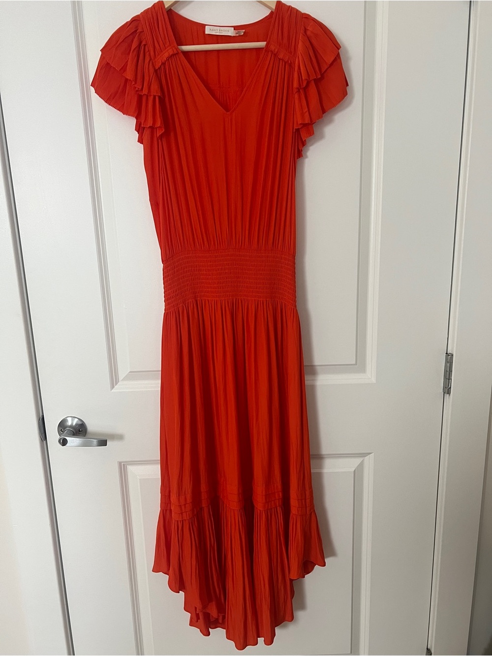 Ramy Brook New York Ali Midi Dress Orange Pleated Ruffle Sleeve XXS